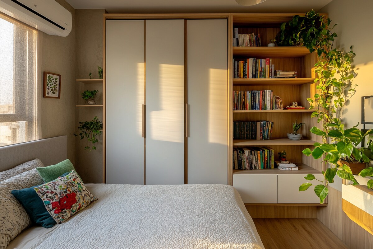 Modern 3-Door Swing Wardrobe Design with Open Shelving Modern 3-Door Swing Wardrobe Design with Open Shelving